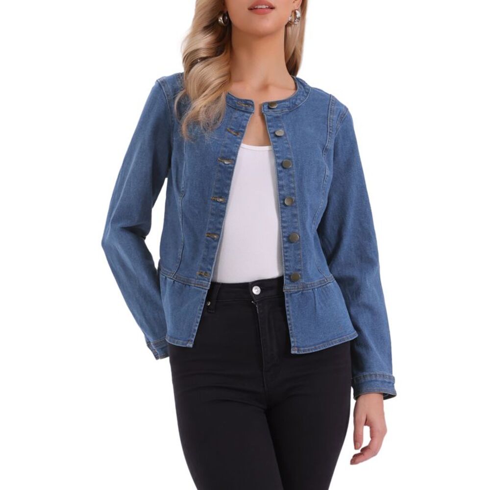 Women's Collarless Peplum Denim Jacket Blue